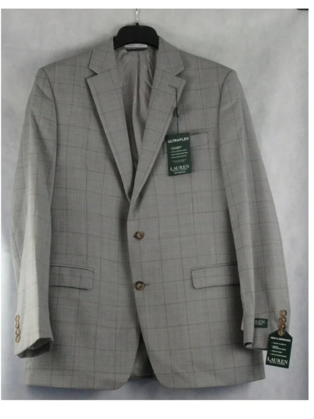 Lauren Ralph Lauren Men's Windowpane Suit Jacket, Gray With Tan, 42L / 42 Long